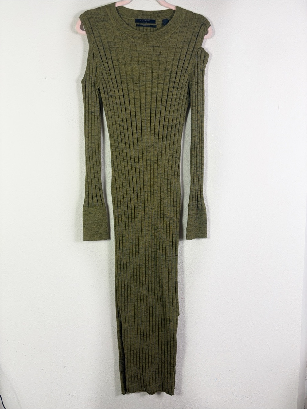 AllSaints Daina Cold Shoulder 100% Merino Wool Sweater Dress Olive Green Sz L - Picture 5 of 11